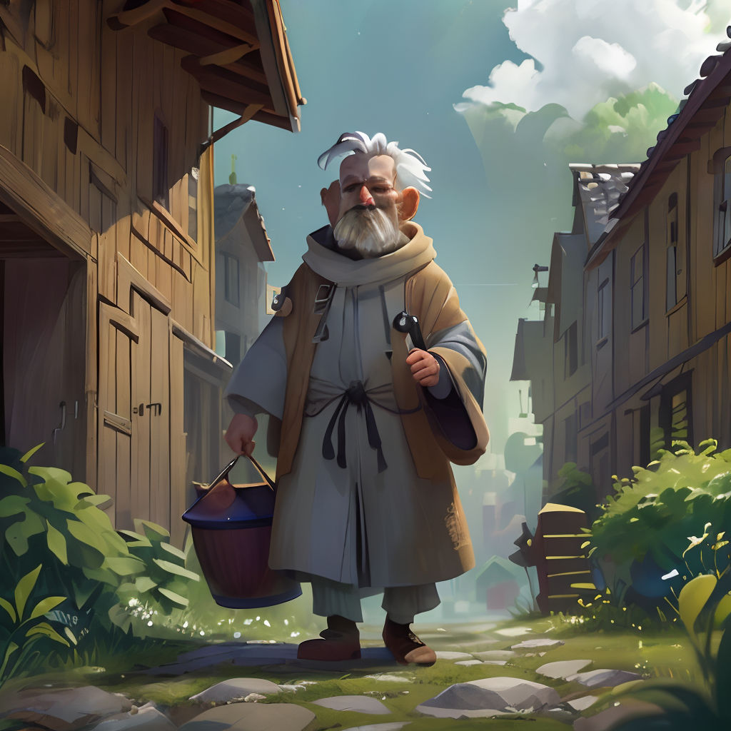 a man with a beard and a beard holding a basket in his hand and walking down a street in a village