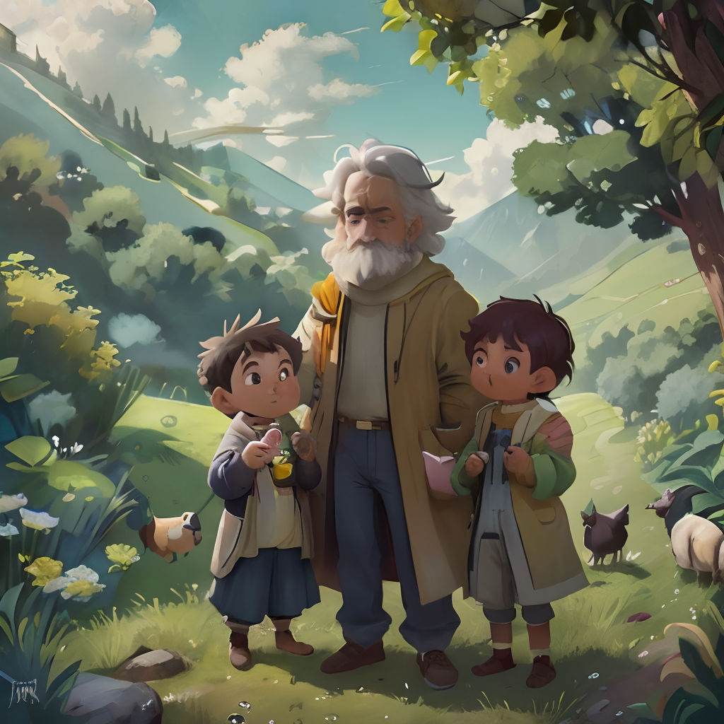 a man and two children standing in a forest with a mountain in the background and a bird flying overhead