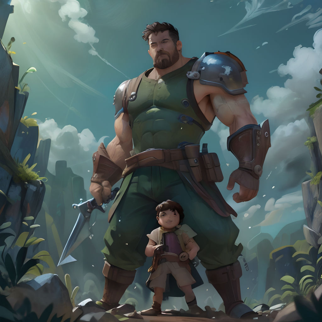 a man standing next to a boy in a forest with a sword in his hand and a giant head