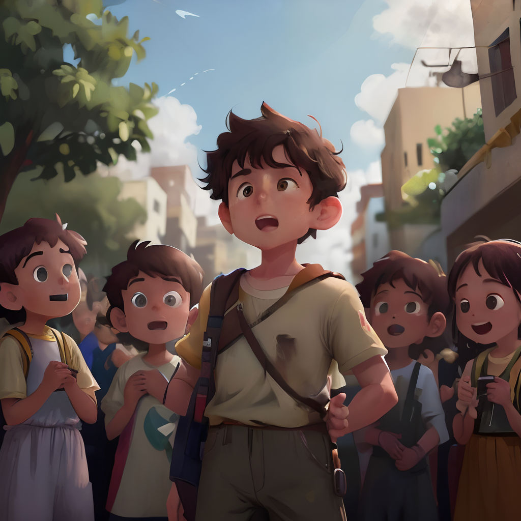 a boy standing in front of a crowd of people with a backpack on his shoulder and a backpack on his shoulder