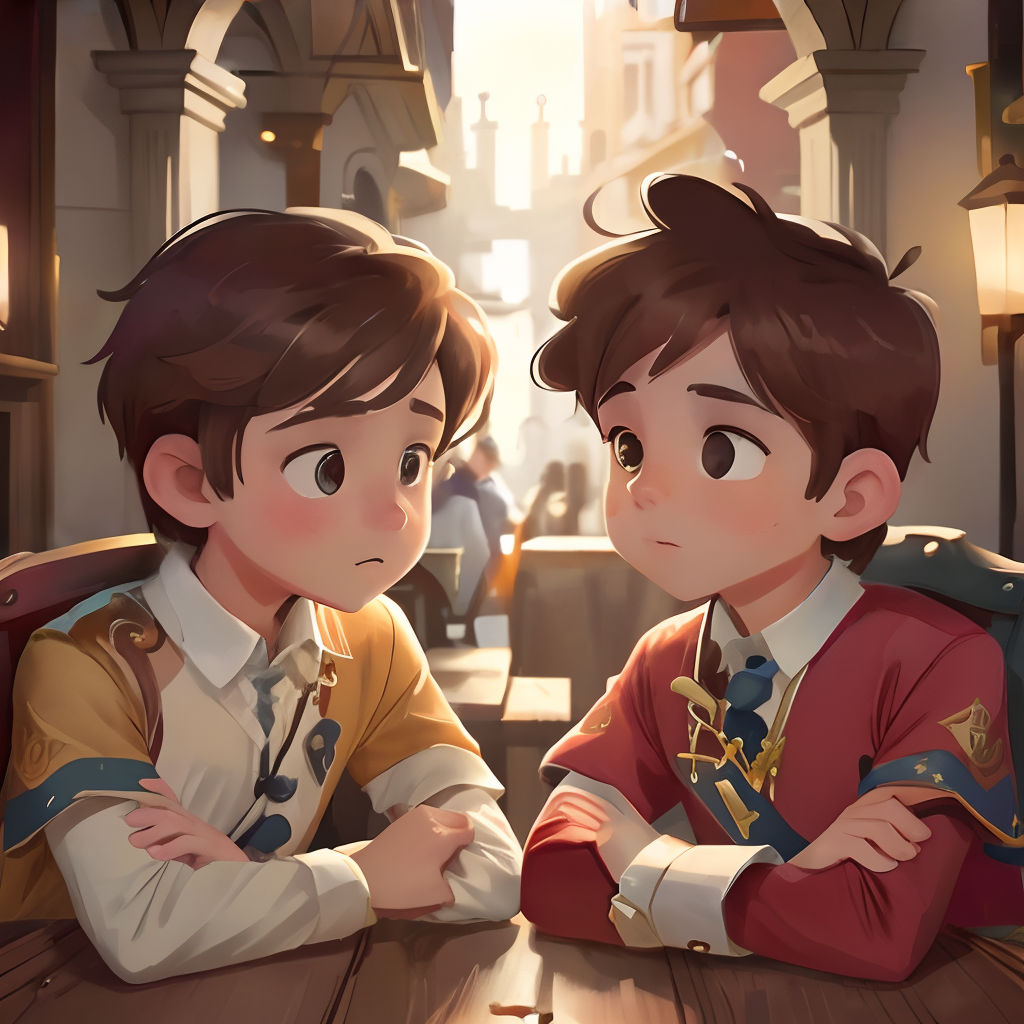 two young boys sitting at a table with their arms crossed and looking at each other in front of them