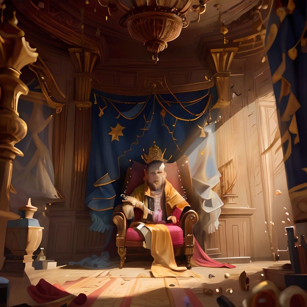 a man sitting in a chair in a room with a chandelier and a curtain on the wall