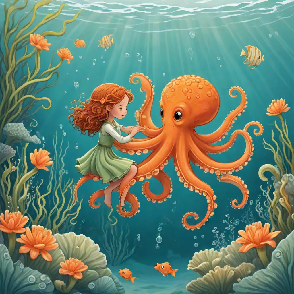 a girl is playing with an octopus in the ocean illustration by alex krapfa, via art com, Aaron Jasinski, pop surrealism, a storybook illustration, octopus