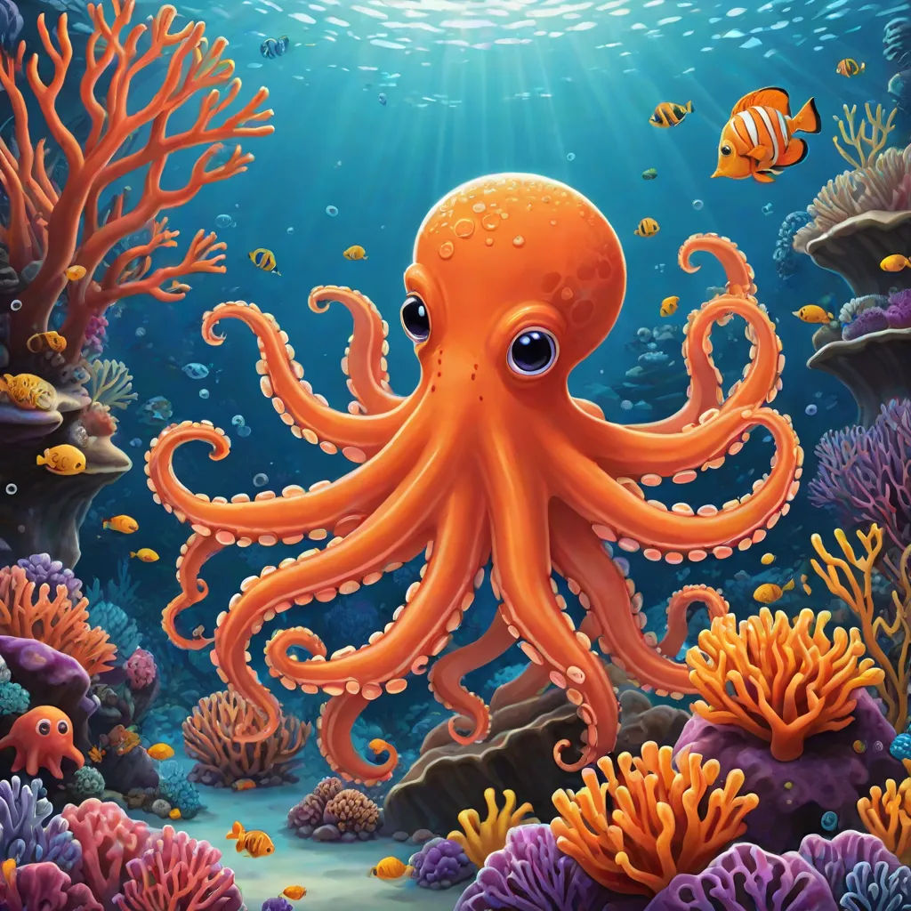 an octopus is swimming in the ocean with corals and other marine life around it, with a bright sunbeam, Chris LaBrooy, pop surrealism, a digital painting, highly detailed digital painting