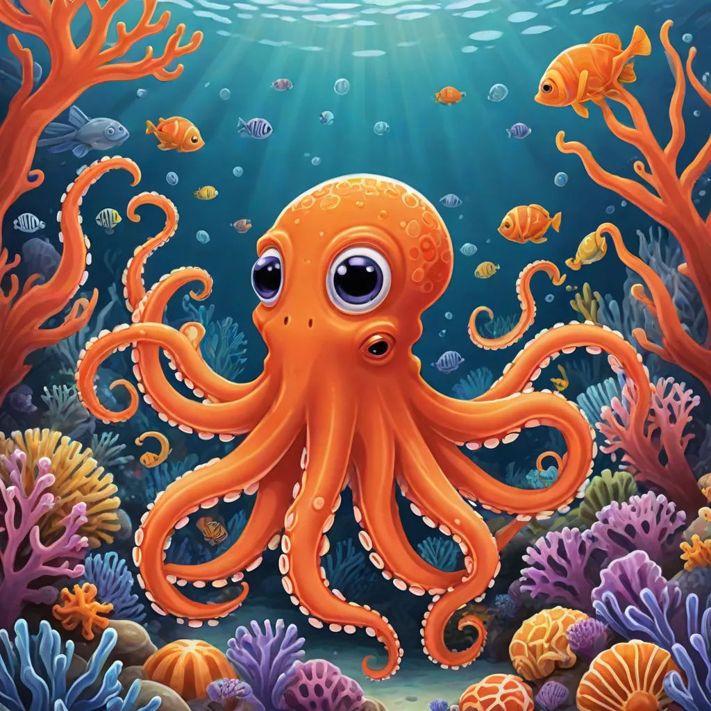 an octopus with big eyes is swimming in the ocean with corals and fish around it, with a sunbeam in the background, Chris LaBrooy, pop surrealism, computer graphics, octopus