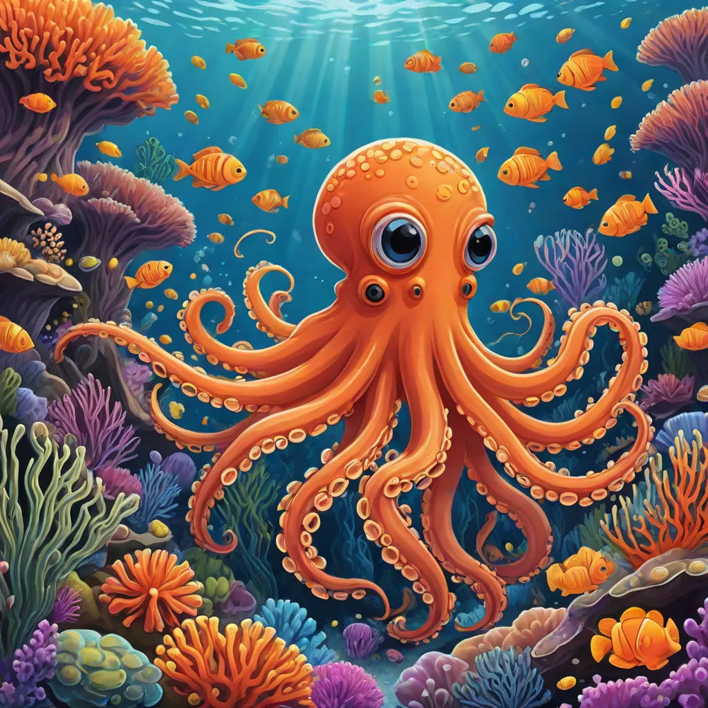an octopus is swimming in the ocean with many colorful fish around it and a sunbeam above it, with a blue sky and water surface with fish, Chris LaBrooy, pop surrealism, a digital painting, highly detailed digital painting