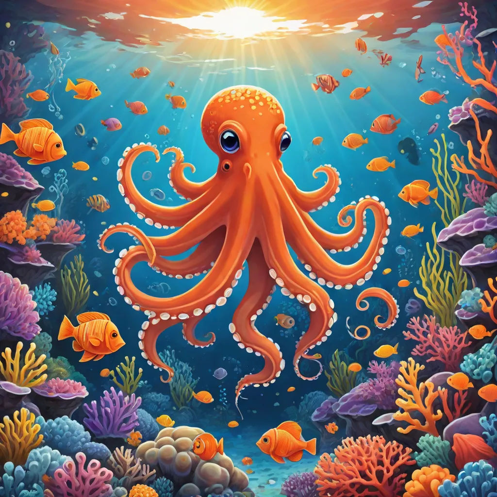 an octopus is swimming in the ocean with fish and corals around it, and a sun shining above, Chris LaBrooy, pop surrealism, an airbrush painting, highly detailed digital painting