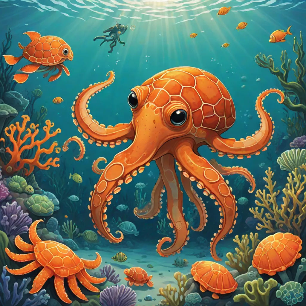 an octopus and other sea animals swimming in the ocean with sun shining down on them and a fish swimming in the water, Dan Mumford, pop surrealism, a digital painting, octopus