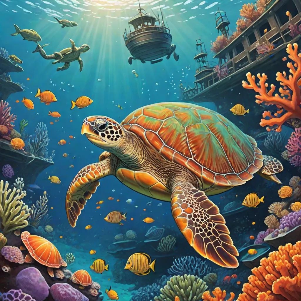 a painting of a turtle swimming in the ocean with a boat in the background and corals and other marine life, Chris LaBrooy, fantasy art, an airbrush painting, highly detailed digital painting