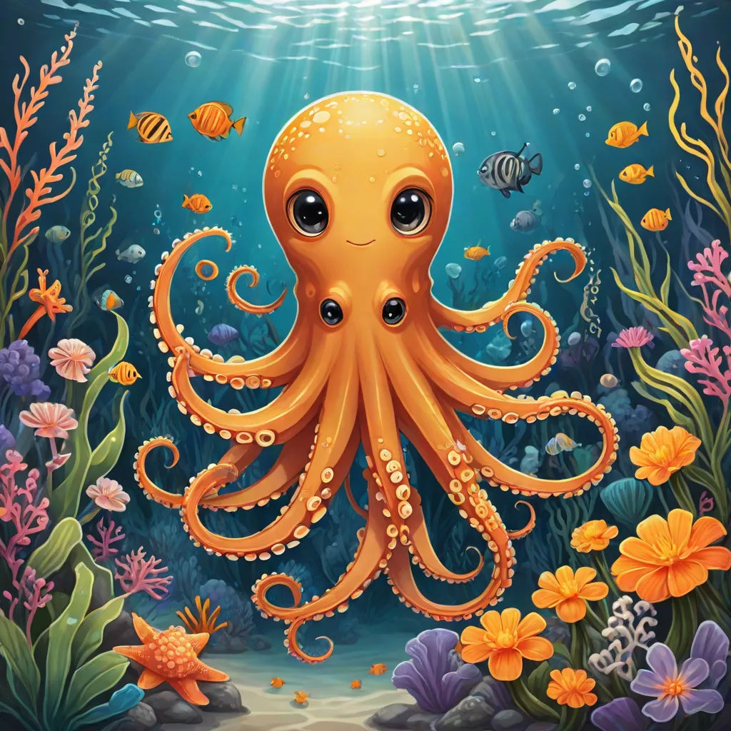 an octopus is swimming in the ocean with fish and plants around it, and a sunbeam above it, Chris LaBrooy, pop surrealism, a storybook illustration, octopus