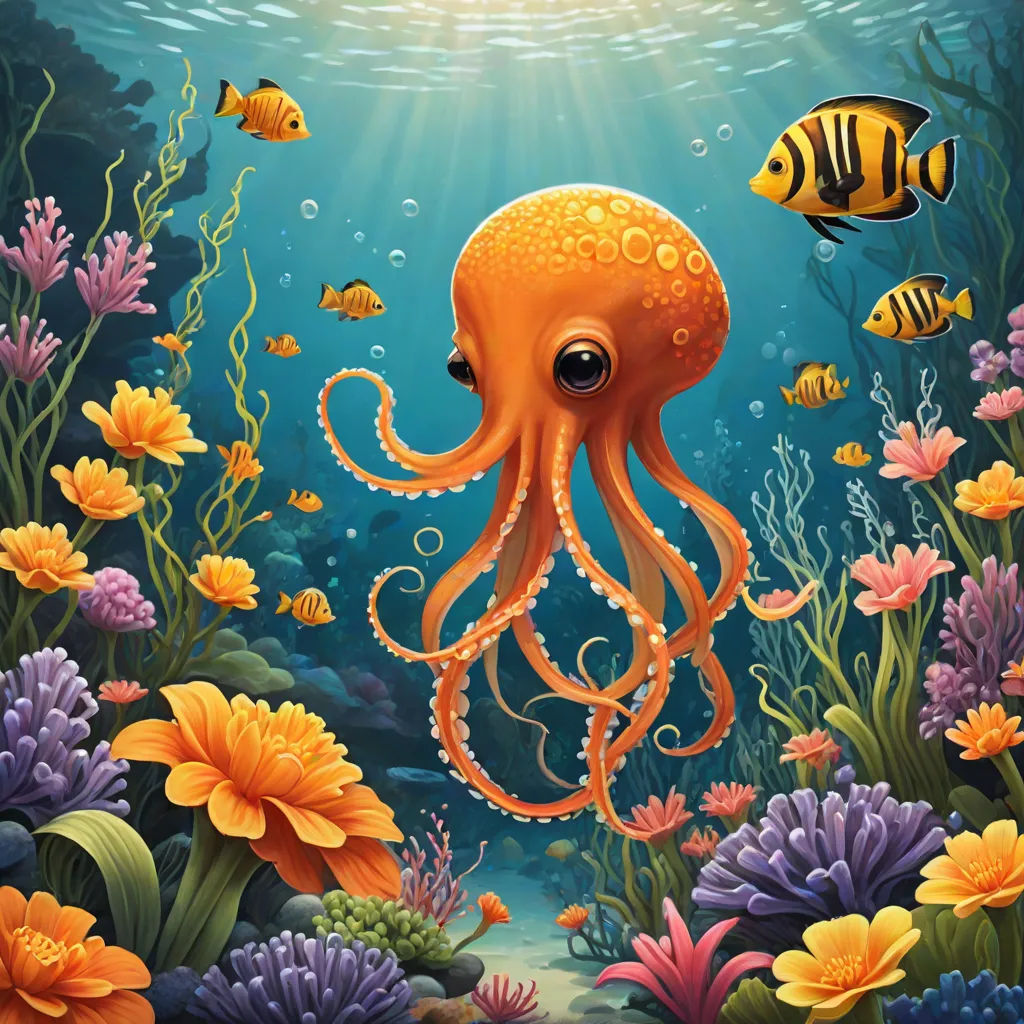 an octopus and fish swimming in the ocean with corals and flowers around it illustration by alex krapf, Chris LaBrooy, pop surrealism, an airbrush painting, highly detailed digital painting