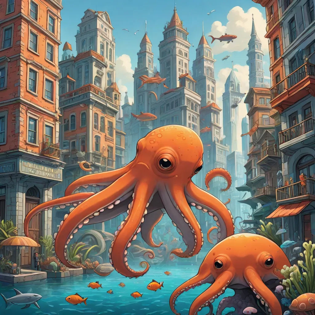 an octopus and a squid in a cartoon city scene with a cityscape in the background and a fish swimming in the water, Chris LaBrooy, fantasy art, a detailed painting, game art