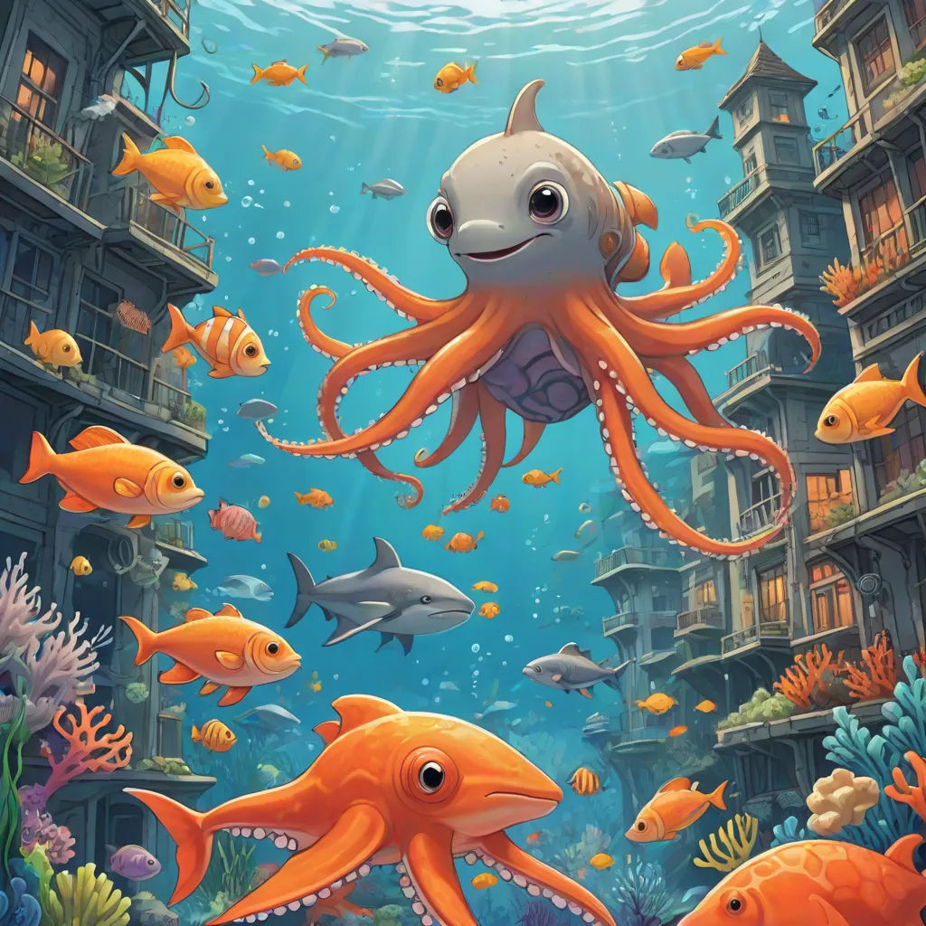 a painting of an octopus and other animals swimming in a sea with buildings and fish in the background and a city under water, Chris LaBrooy, pop surrealism, a storybook illustration, highly detailed digital painting