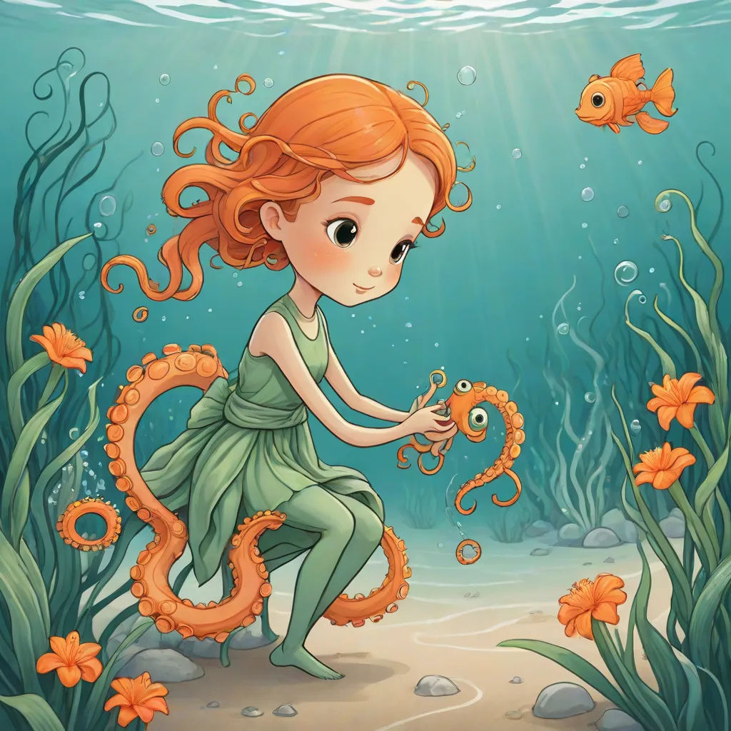 a little girl in a green dress is holding a fish in the water with an octopus nearby on a coral reef, Anna Dittmann, pop surrealism, a storybook illustration, storybook illustration
