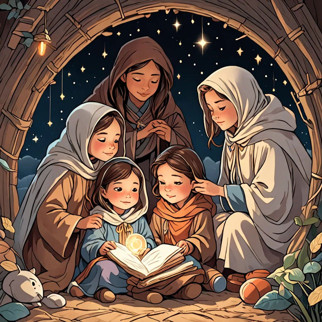 a nativity scene with three children reading a book and a baby jesus in the manger scene with a star above, fantasy art, a storybook illustration, Cliff Childs, storybook illustration