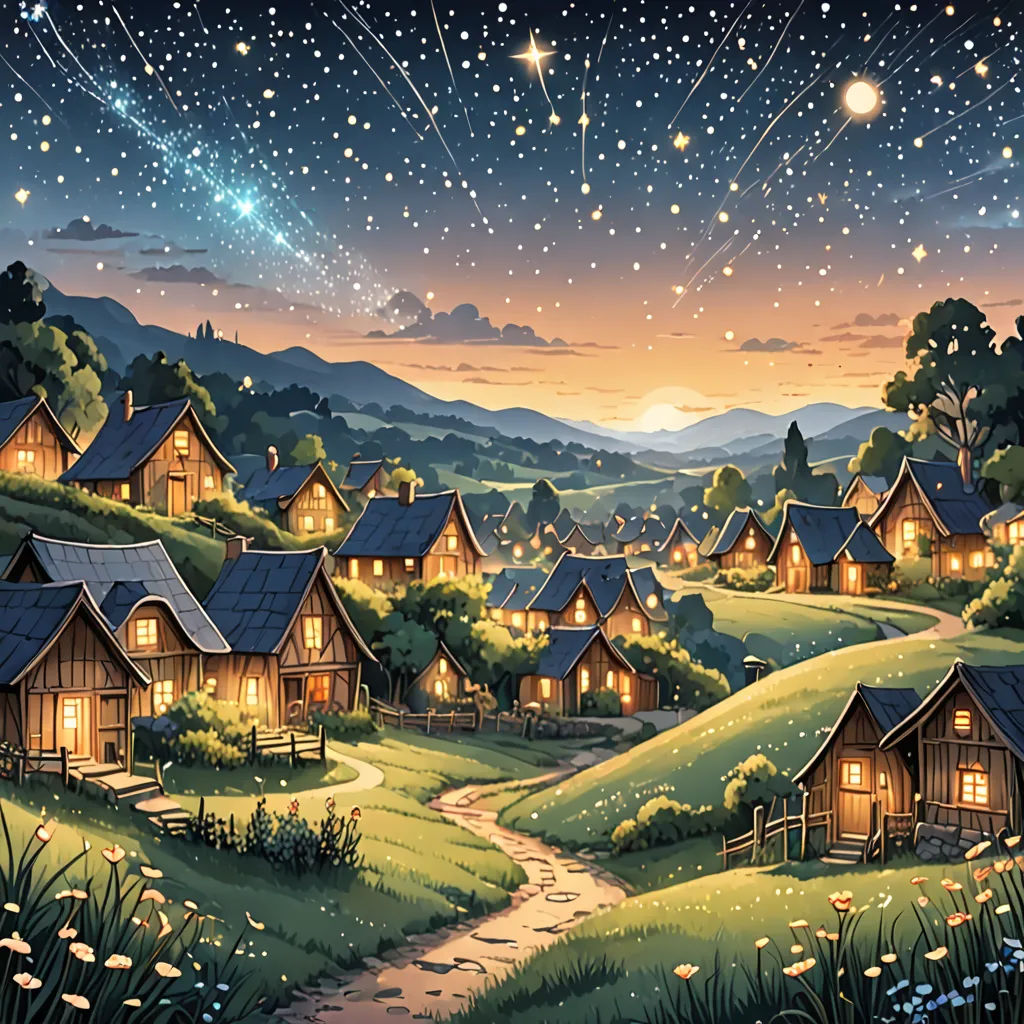 a painting of a village at night with stars in the sky above it and a path leading to a small village, magical realism, a storybook illustration, Chris LaBrooy, kinkade