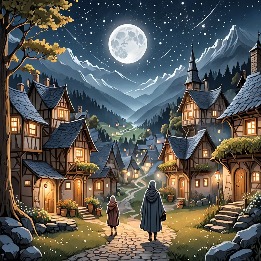 a painting of a couple walking down a path to a village at night with a full moon in the sky, fantasy art, a storybook illustration, Dan Mumford, storybook illustration