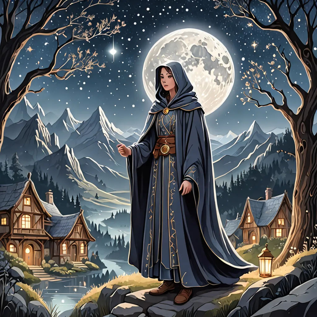 a woman in a medieval dress standing in front of a full moon and a village with a lake and mountains, fantasy art, a storybook illustration, Anne Stokes, fantasy artwork