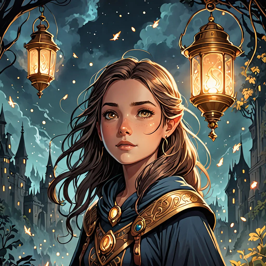 a woman in a blue dress standing in front of a castle with a lantern on it's head, fantasy art, a storybook illustration, Charlie Bowater, rossdraws global illumination