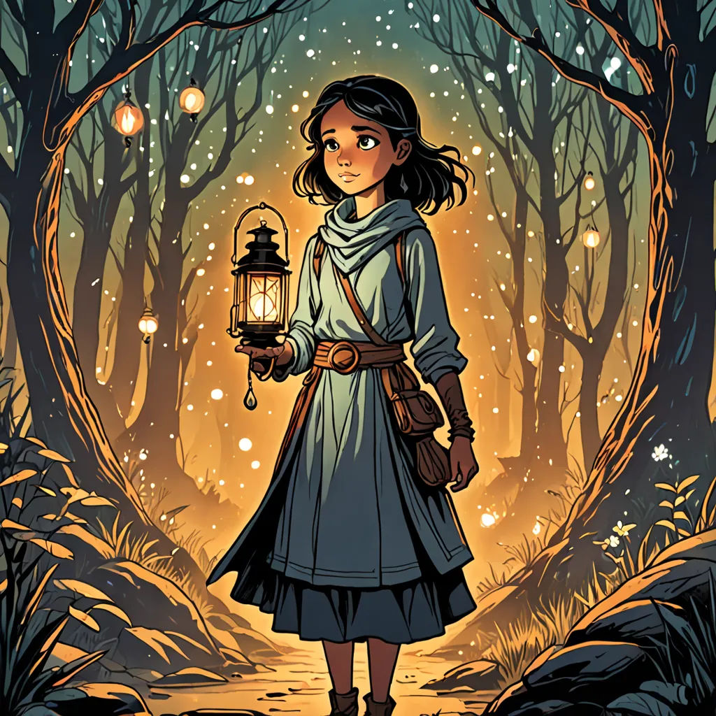 a girl holding a lantern in a forest at night with snow falling all around her and a lantern in her hand, fantasy art, a storybook illustration, Diego Gisbert Llorens, comic cover art