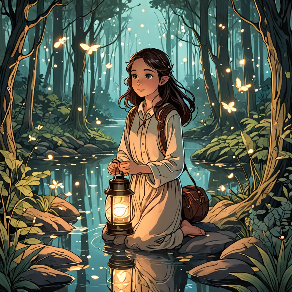 a woman holding a lantern in a forest with butterflies flying around her and a stream of water running through the forest, fantasy art, a storybook illustration, Cyril Rolando, fireflies