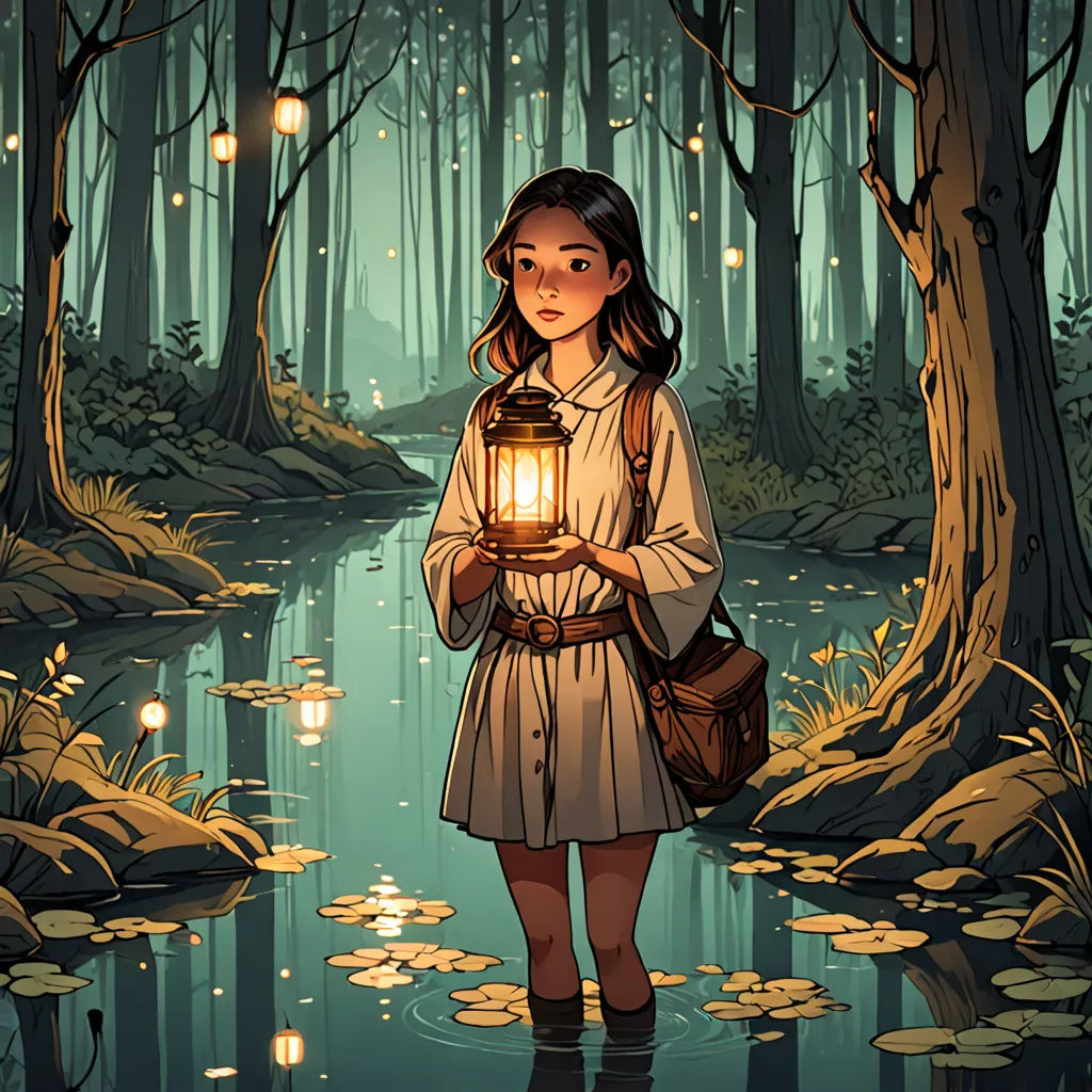 a girl holding a lantern in a forest with a pond of water and trees around her, surrounded by leaves, fantasy art, a storybook illustration, Atey Ghailan, rossdraws global illumination