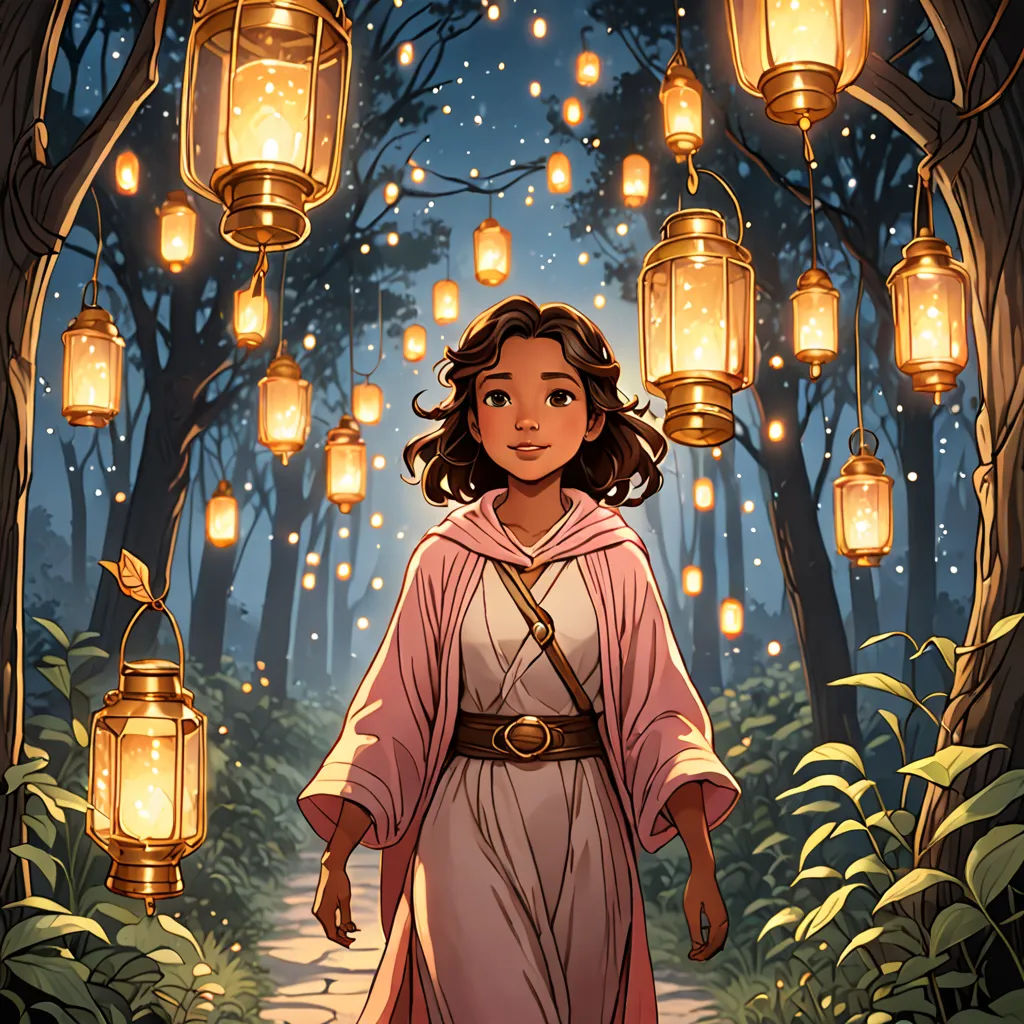 a girl in a pink robe is walking through a forest with lanterns hanging from the ceiling and a path leading to a forest with trees, fantasy art, a storybook illustration, Cliff Childs, kinkade