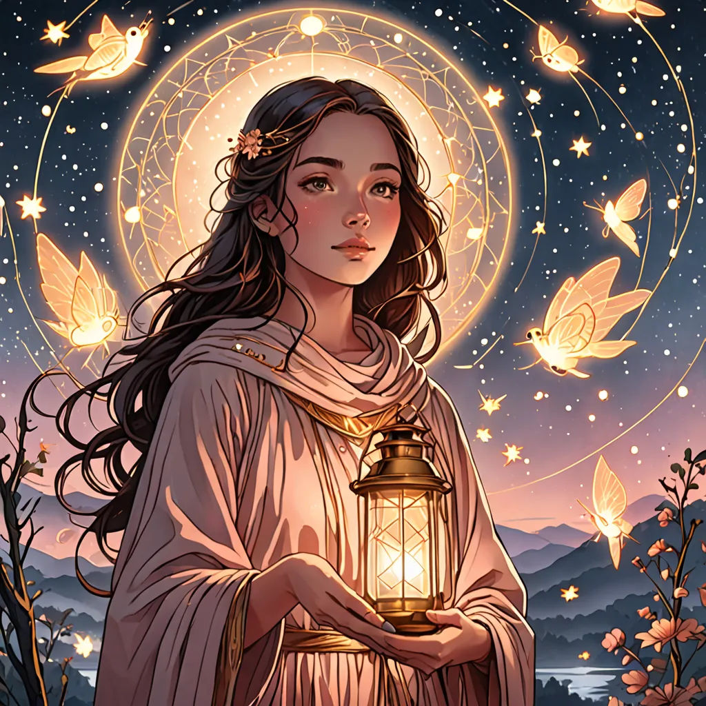 a painting of a woman holding a lantern in her hands with butterflies flying around her and a full moon in the sky, fantasy art, a storybook illustration, Anna Dittmann, trending on art station