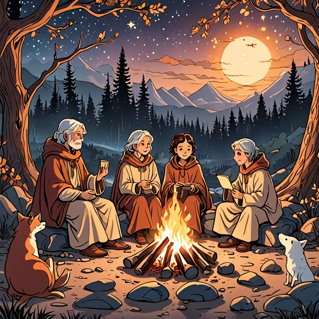 a group of people sitting around a campfire under a tree at night with a full moon in the background, fantasy art, a storybook illustration, Dan Mumford, comic cover art