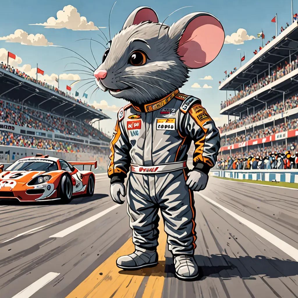 a mouse in a race suit standing in front of a race car on a track with a crowd of people watching, Brian Despain, furry art, a storybook illustration, digital illustration