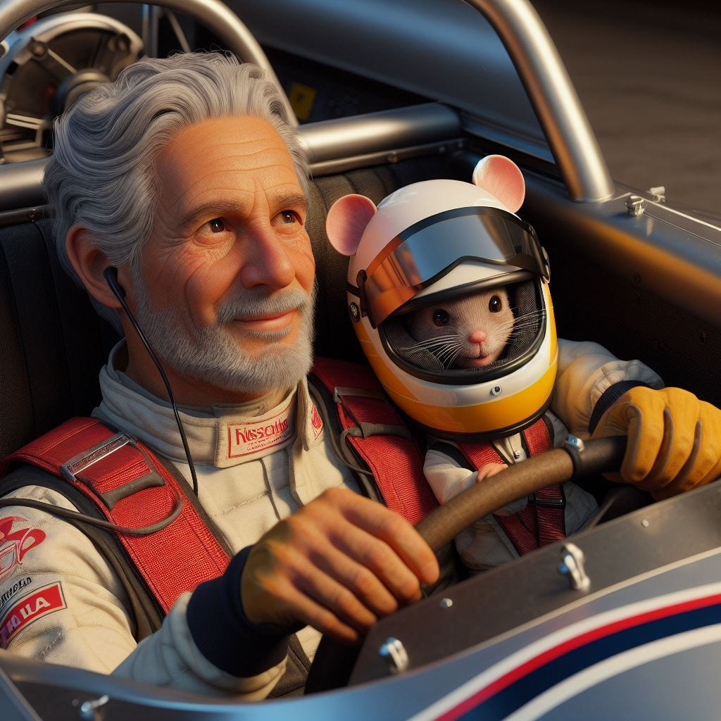 two mice are standing on top of a car in a race track at night with a stadium in the background, Brian Despain, furry art, a storybook illustration, promotional image