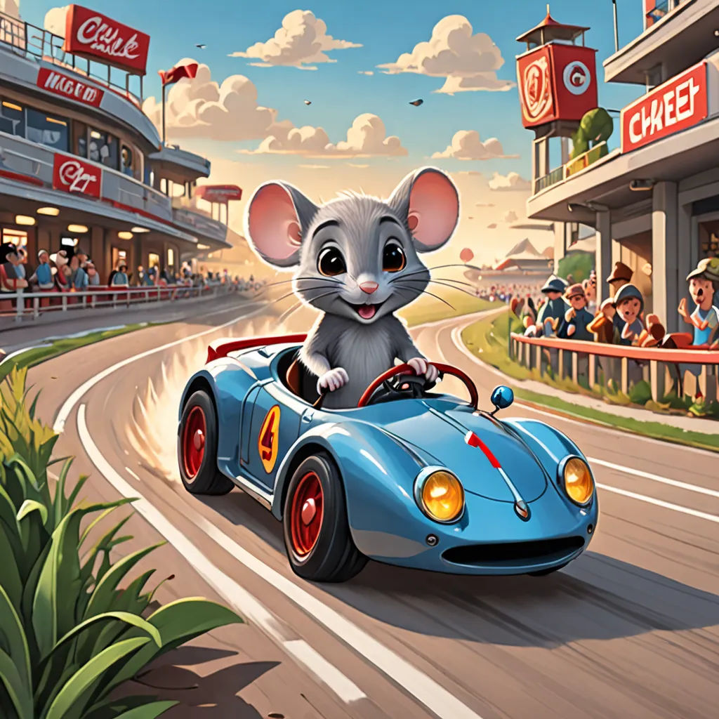 a mouse driving a blue race car on a race track with a crowd of people watching from the stands, Cliff Childs, sots art, a storybook illustration, official art