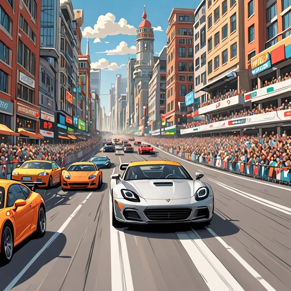 a painting of a city street with cars driving down it and a crowd of people watching from the stands, Dan Mumford, american scene painting, an ultrafine detailed painting, dan mumford. octane render