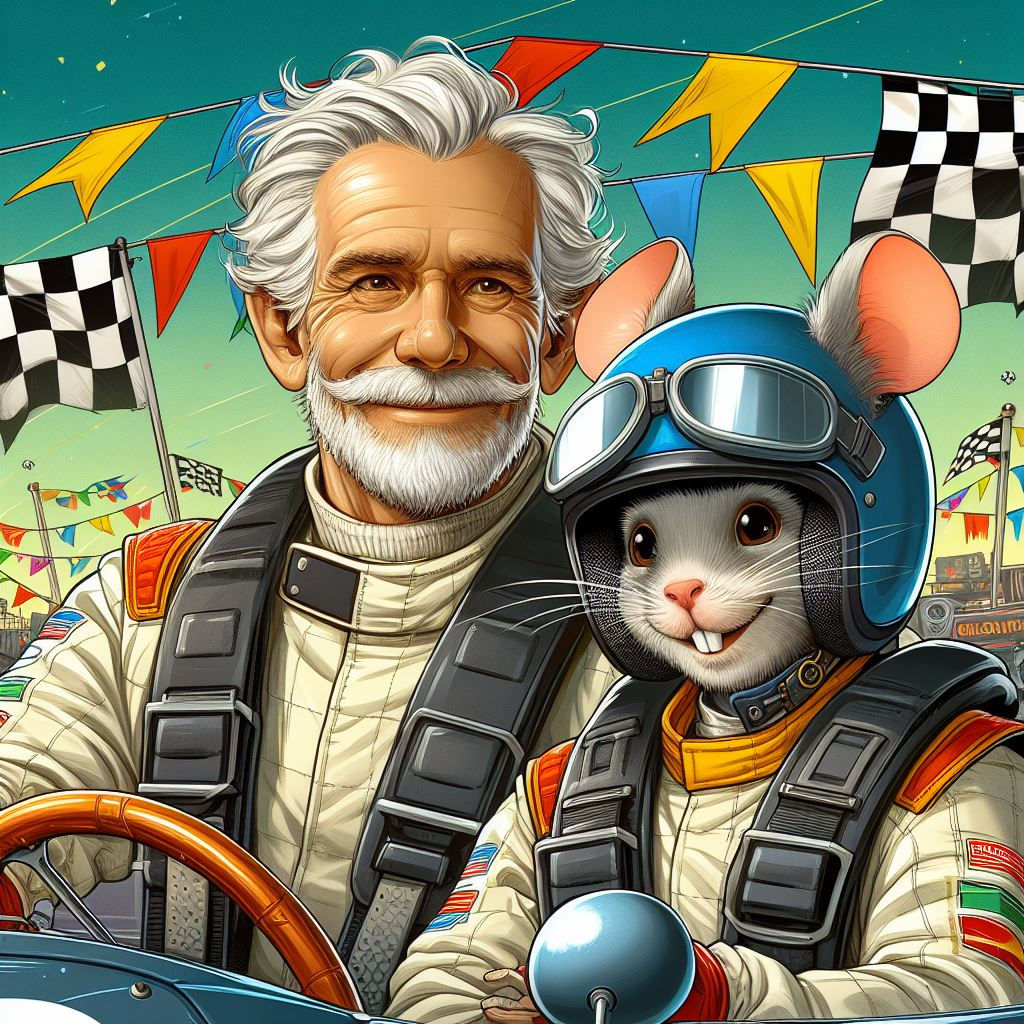 a cartoon mouse driving a race car in a race track with a crowd of people watching from the stands, Brian Despain, furry art, a storybook illustration, official art