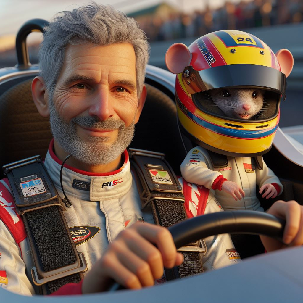 a mouse driving a race car with a crowd of people watching it from the sidelines of a race track, Brian Despain, furry art, a digital painting, trending on art station