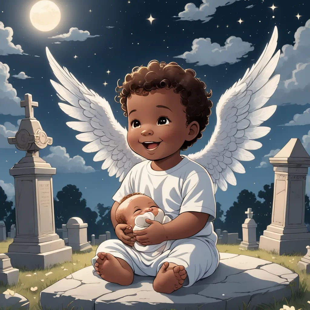 a cartoon of a baby angel sitting on a grave with a cross in the background and a full moon in the sky, gothic art, a storybook illustration, Esaias Boursse, storybook illustration