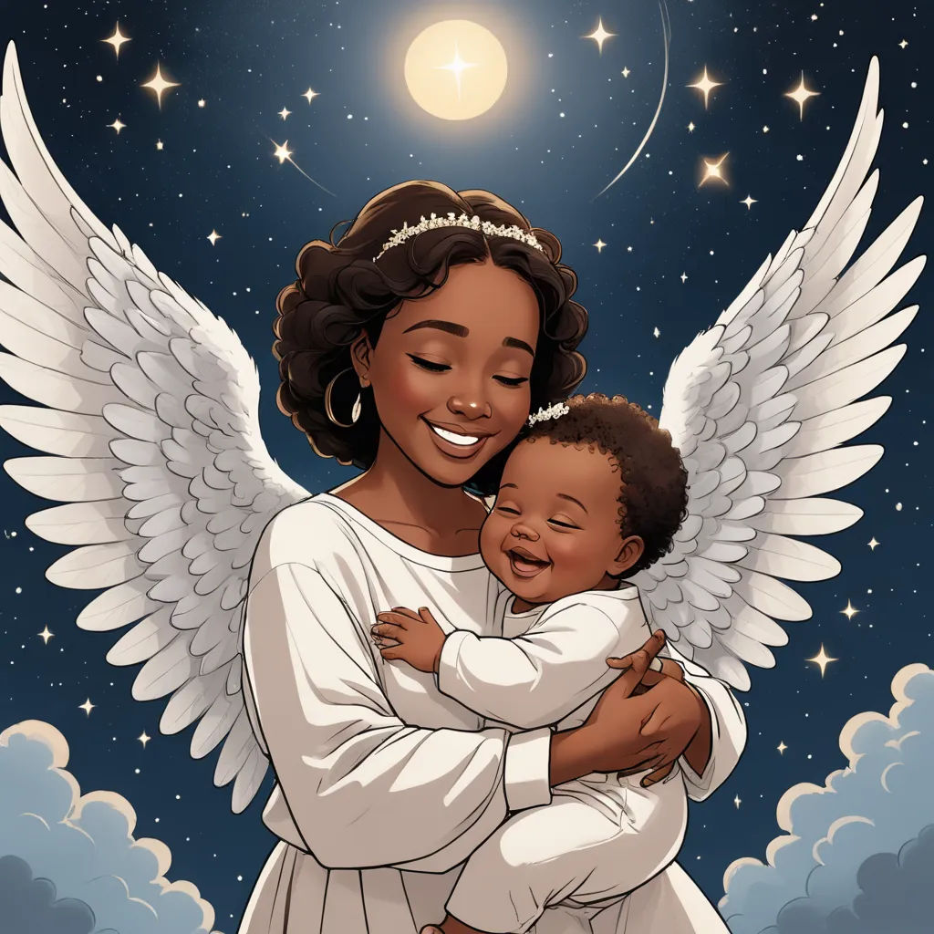 a woman holding a baby in her arms with an angel above her head and stars in the sky above her, afrofuturism, a storybook illustration, Chinwe Chukwuogo-Roy, comic cover art