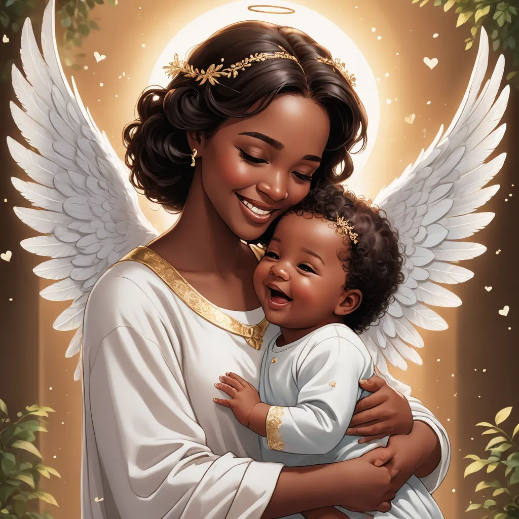 a woman holding a baby in her arms with an angel above her head and a sun behind her head, fantasy art, a storybook illustration, Chinwe Chukwuogo-Roy, angelic