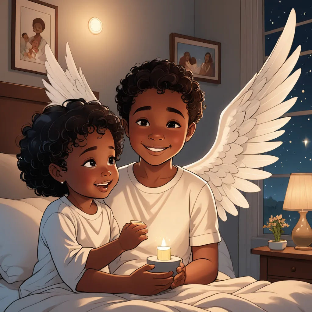 a boy and girl are sitting on a bed with a candle in their hands and a picture of an angel above them, afrofuturism, a storybook illustration, Everett Warner, angelic