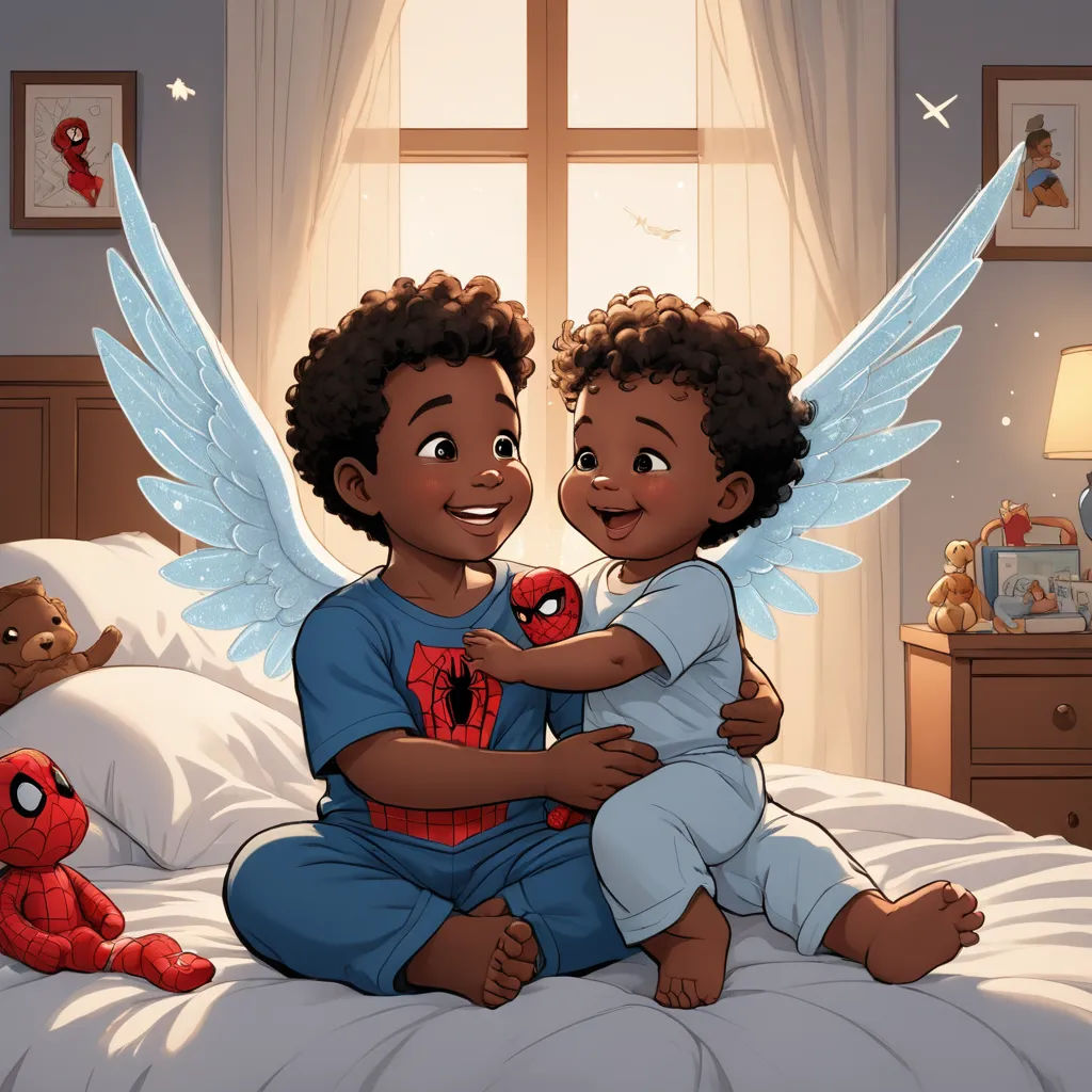 a little boy holding a baby in his arms while sitting on a bed with a spider man stuffed animal, harlem renaissance, a storybook illustration, Felix-Kelly, comic cover art