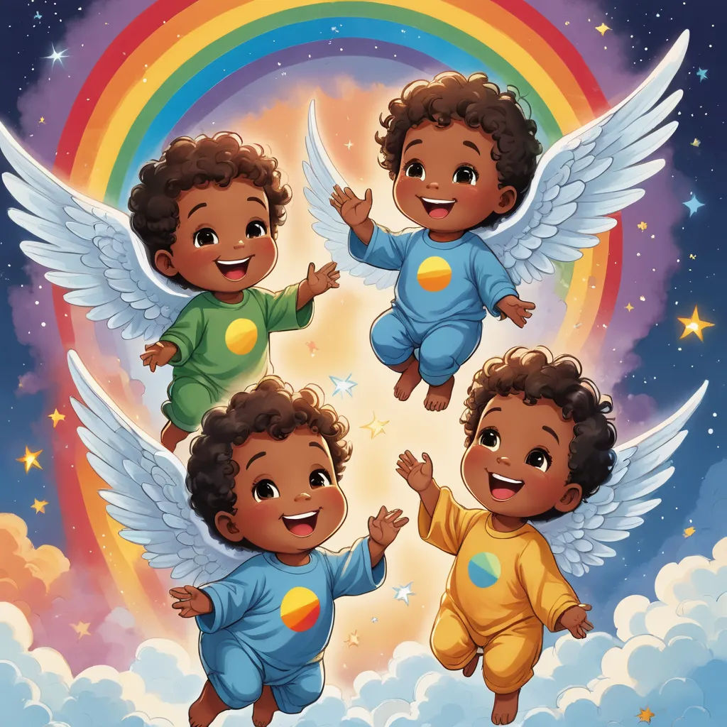 three little kids flying in the sky with angel wings and rainbow in the background with stars and clouds and a rainbow, space art, poster art, Chris LaBrooy, key art