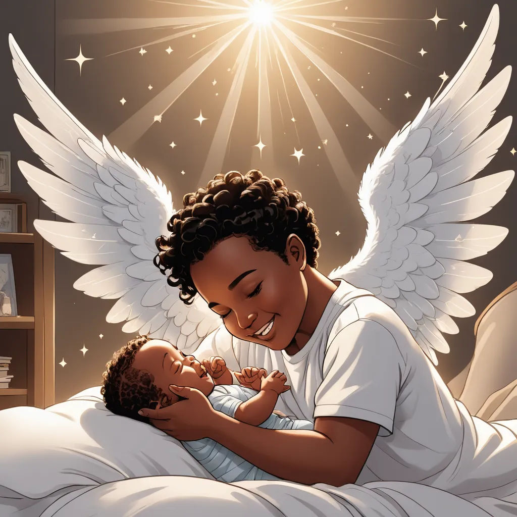 a woman holding a baby in her arms with angel wings above her head and a star above her head, fantasy art, a storybook illustration, Esaias Boursse, comic cover art
