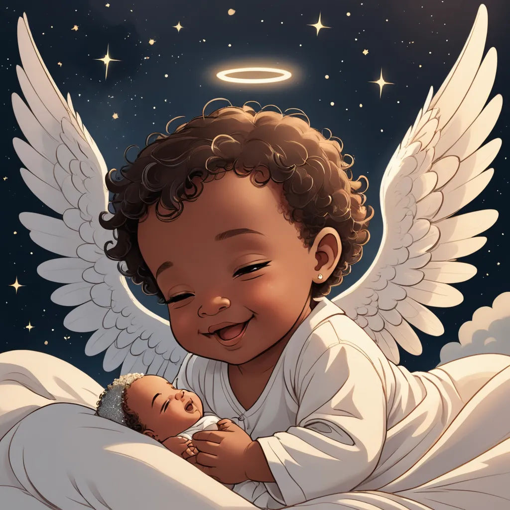 a baby angel holding a baby in his arms with a halo above it's head and stars in the sky, afrofuturism, a storybook illustration, Chinwe Chukwuogo-Roy, angelic