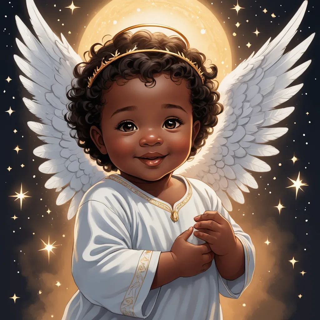 a little black angel with a halo and stars around her neck and arms, standing in front of a full moon, fantasy art, an ultrafine detailed painting, Chris Rallis, angelic