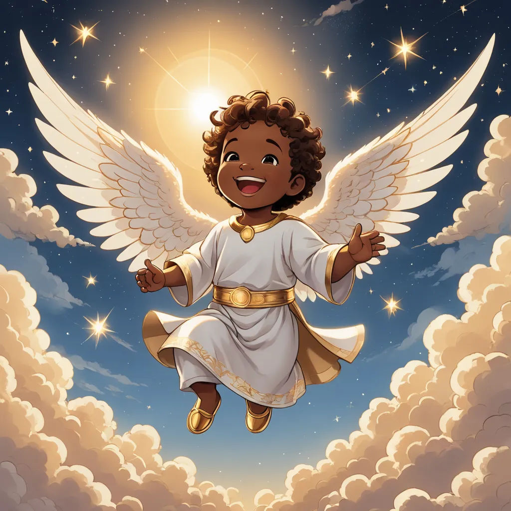 a cartoon angel flying through the sky with stars and clouds around it, with a bright sun in the background, afrofuturism, a storybook illustration, Cliff Childs, angelic