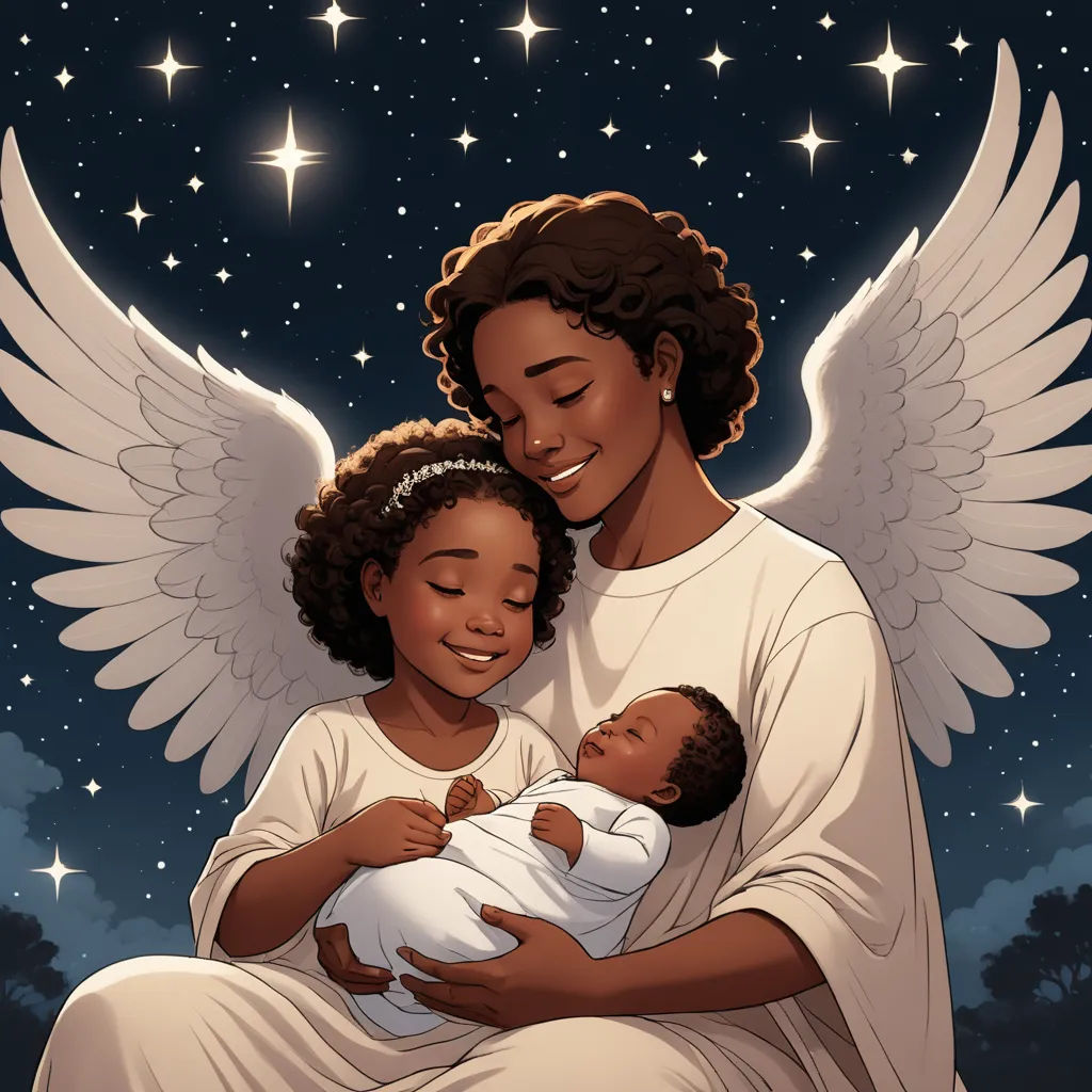 a woman holding a baby in her arms with stars in the background of the sky behind her and a night sky with stars, afrofuturism, a storybook illustration, Chinwe Chukwuogo-Roy, trending on art station