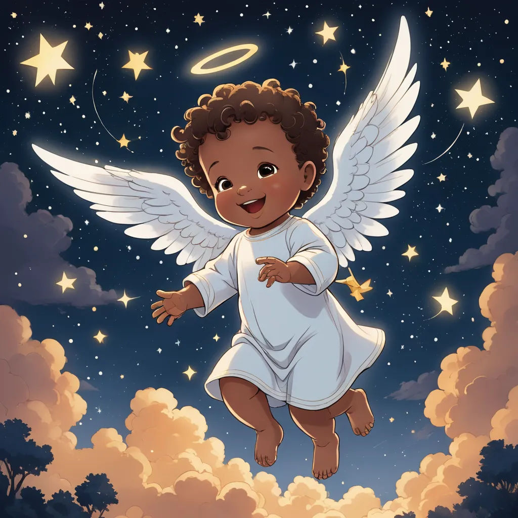 a cartoon angel flying through the sky with stars and clouds around it, with a halo above it and a star above, space art, a storybook illustration, Esaias Boursse, angelic