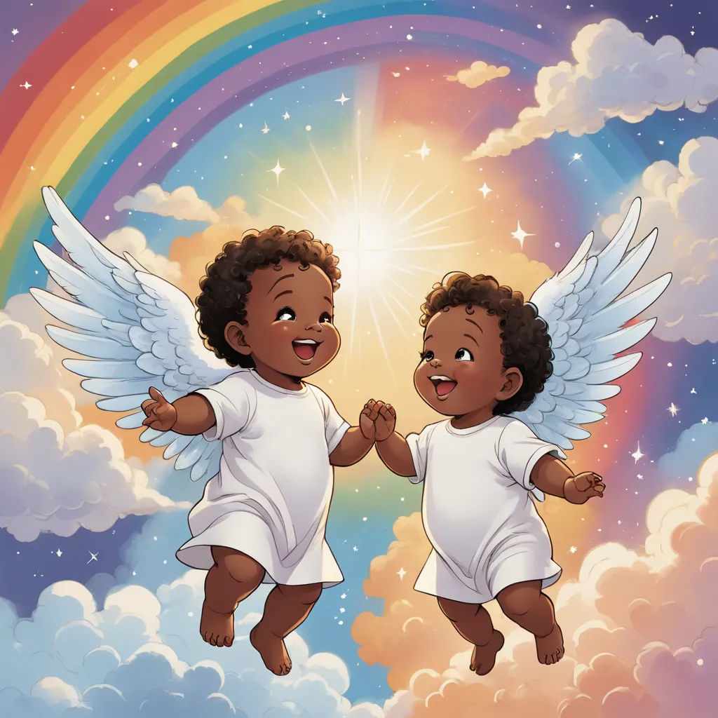 two children are flying in the sky with angel wings and rainbow in the background with clouds and stars in the sky, harlem renaissance, a storybook illustration, Chinwe Chukwuogo-Roy, comic cover art