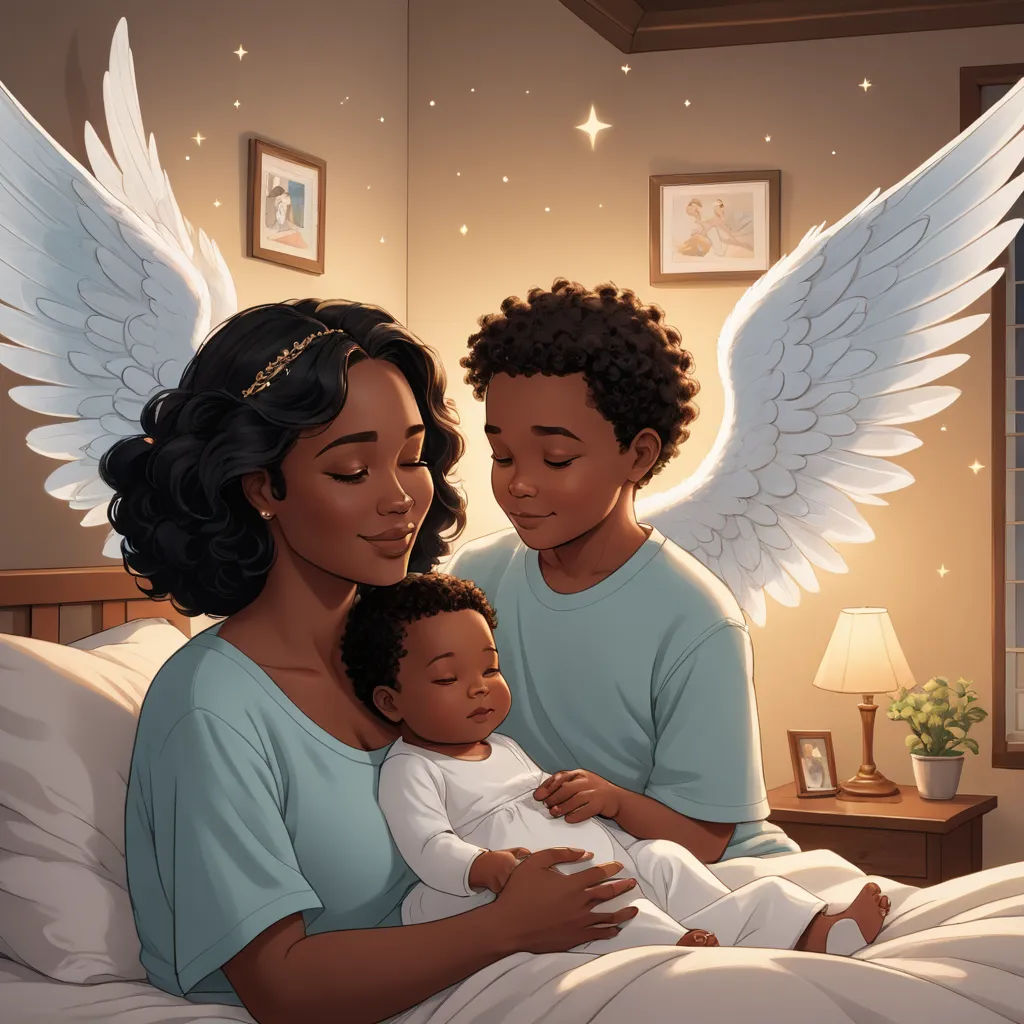 a woman holding a baby in her arms while sitting next to a man with angel wings on his head, afrofuturism, a storybook illustration, Everett Warner, storybook illustration