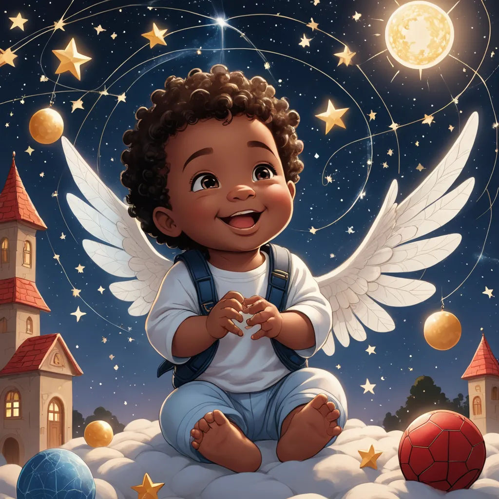 a cartoon of a baby angel sitting on a cloud with stars and a building in the background with a moon and stars, space art, a storybook illustration, Chris LaBrooy, comic cover art